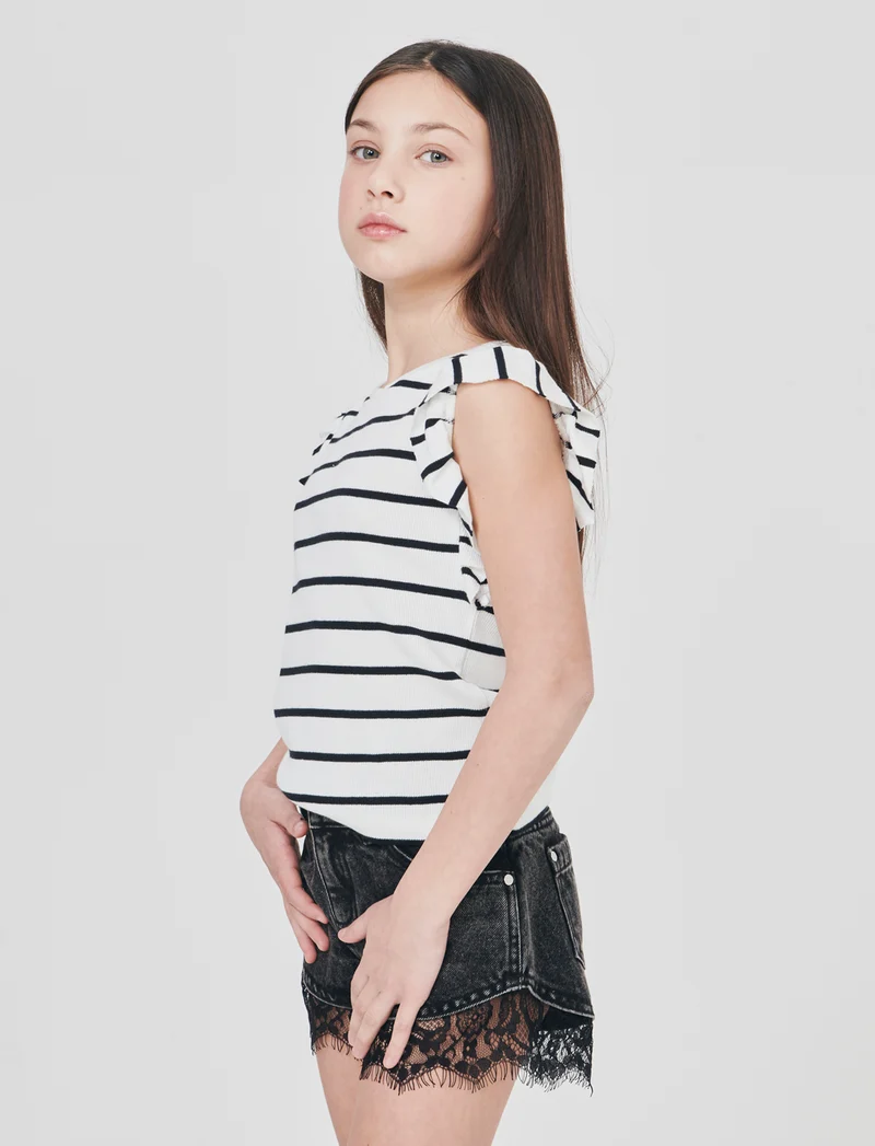 T-shirt da bambina in costina a righe - Bianco-nero