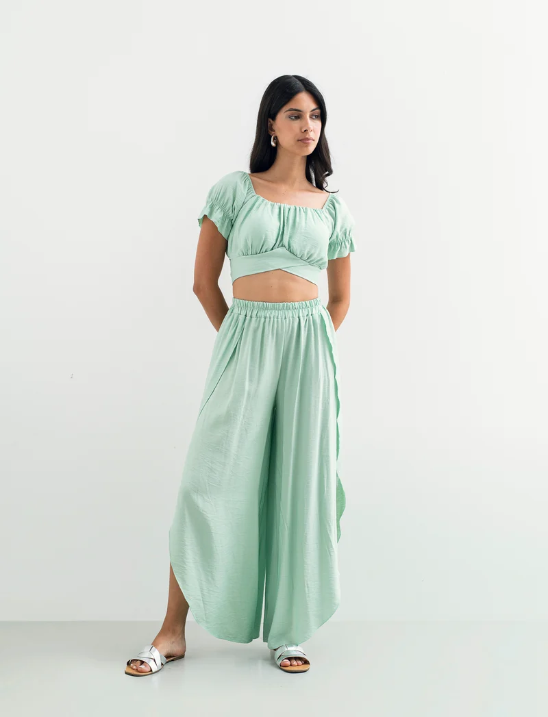 Pantalone a palazzo con elastico in vita - Verde acqua