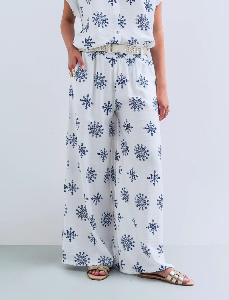 Pantalone palazzo stampato con cintura - Bianco