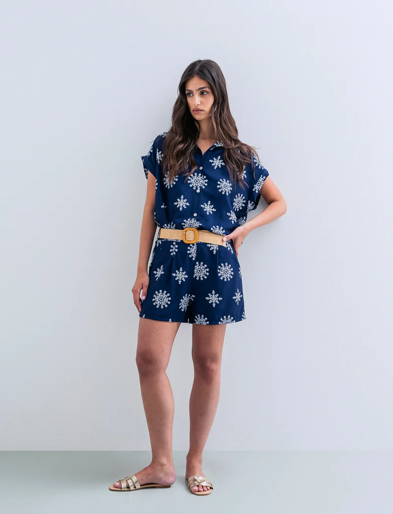 Short stampato con cintura - Blu