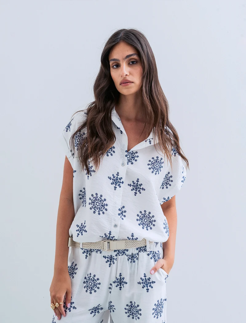 Camicia mezza manica tessuto ricamato - Bianco
