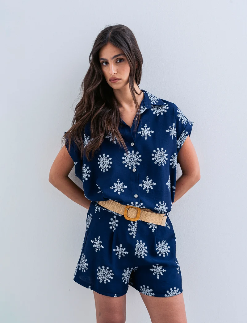 Camicia mezza manica tessuto ricamato - Blu