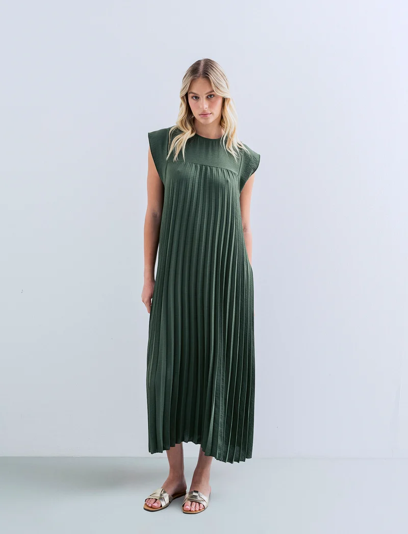 vestito lungo plisset giro manica - Verde militare