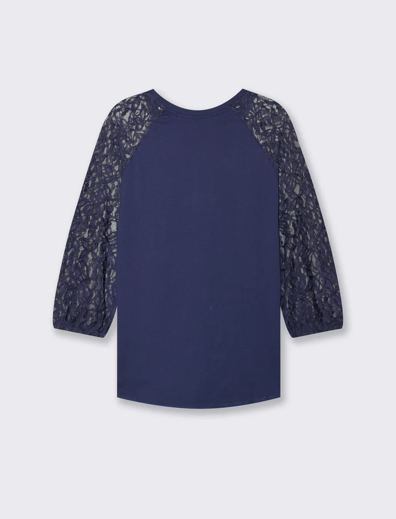 T-SHIRT CON MANICHE IN PIZZO - Blu scuro