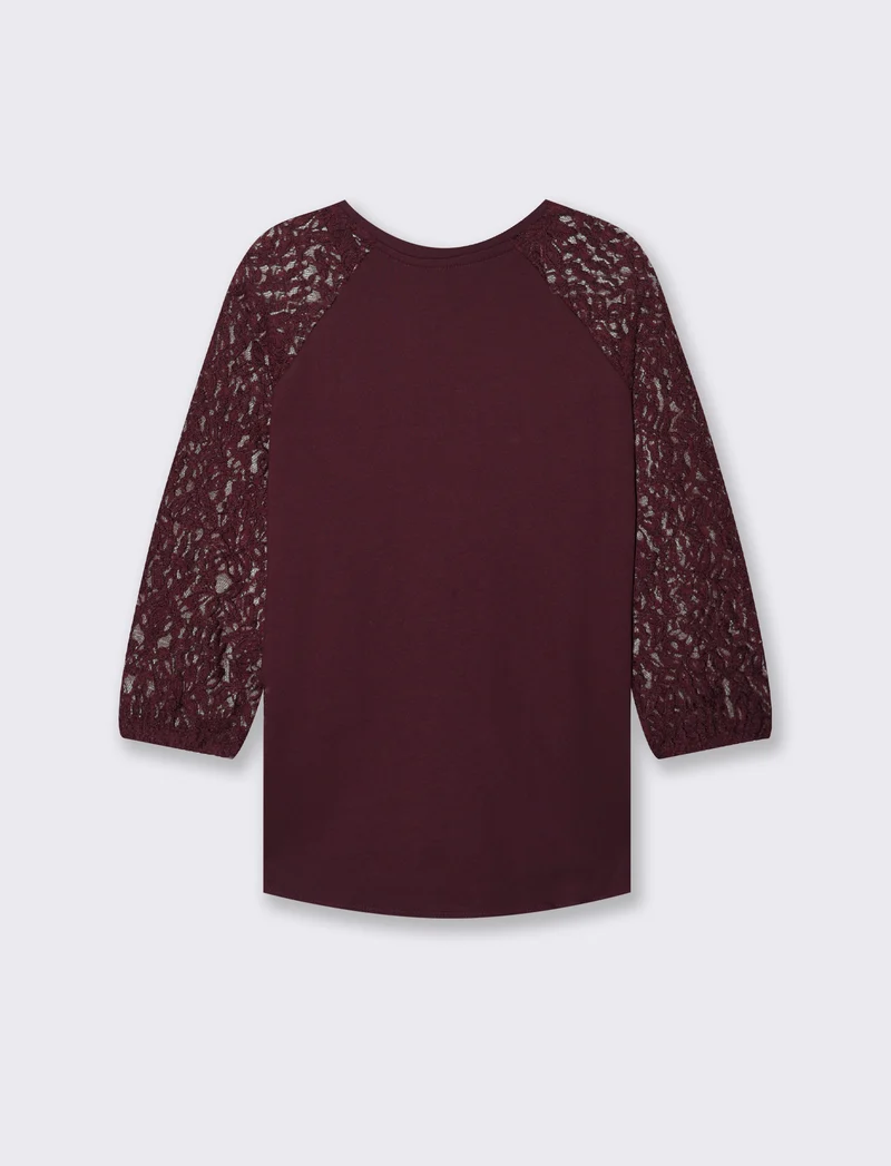 T-SHIRT CON MANICHE IN PIZZO - Bordeaux