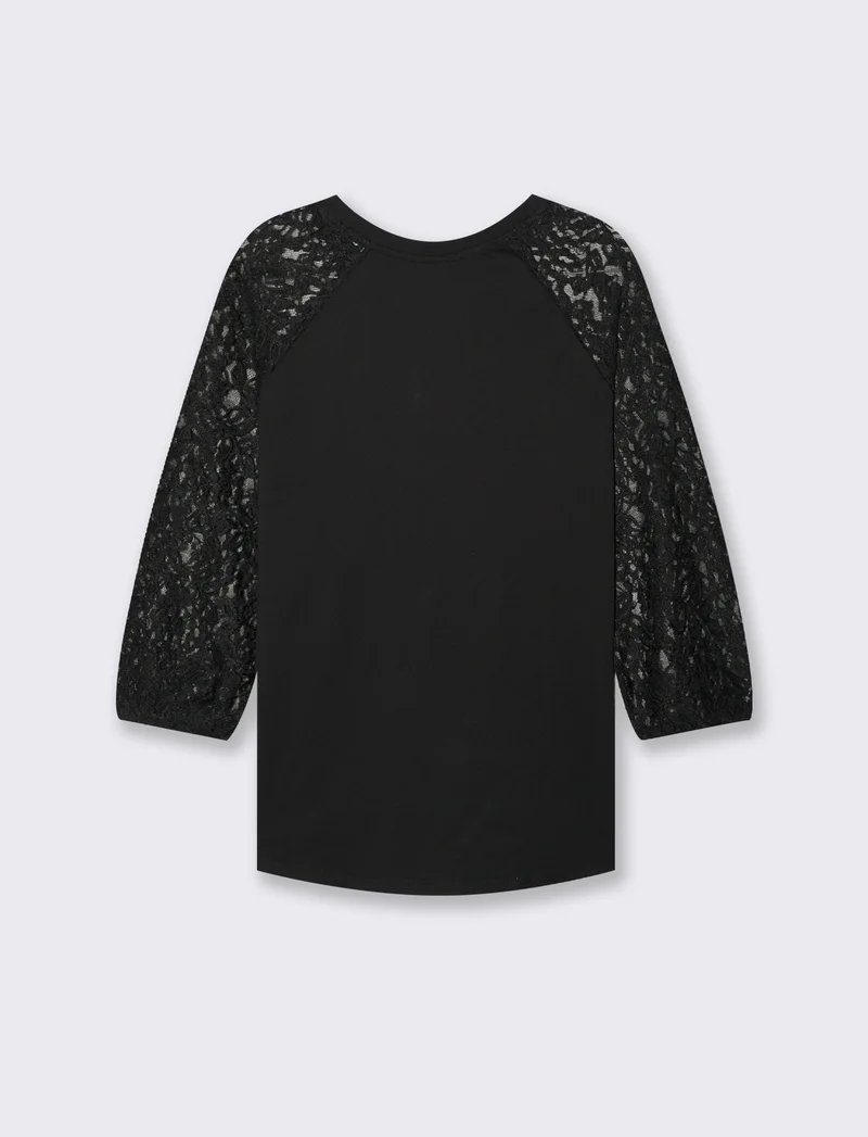 T-SHIRT CON MANICHE IN PIZZO - Nero