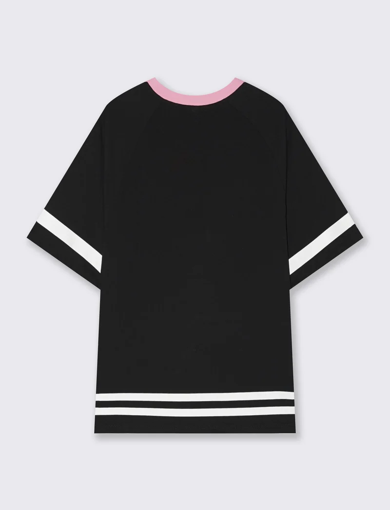 T-Shirt Scollo a V con Stampa - Nero