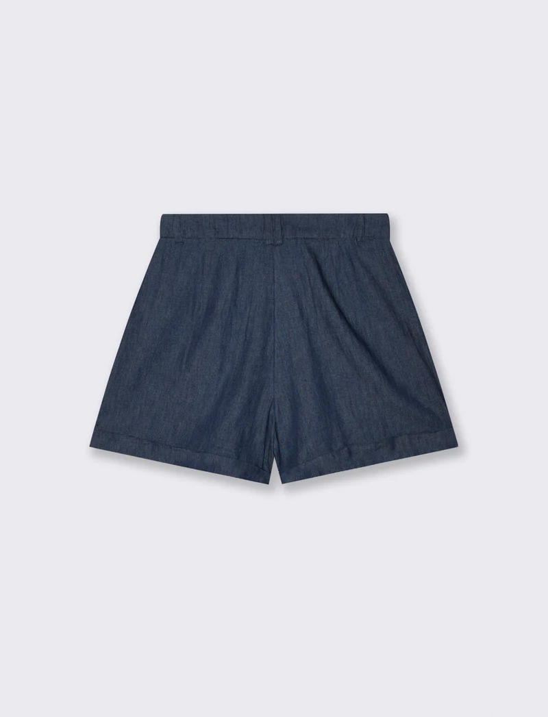 Short Chambray con Pinces e Risvolto - DENIM SCURO