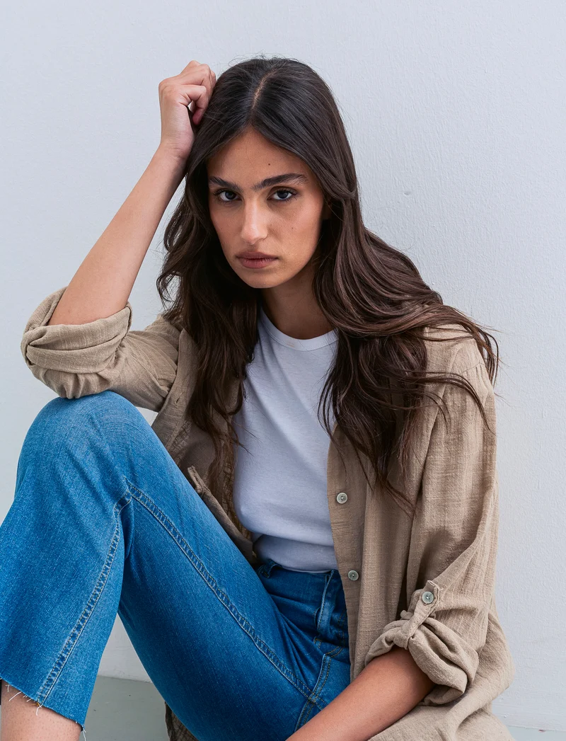 Camicia lunga in cotone per donna - Cammello