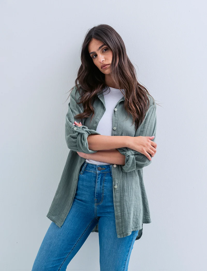 Camicia lunga in cotone per donna - Verde militare