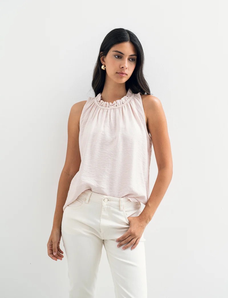 Top in cotone lavato con arriccio sul collo - Rosa