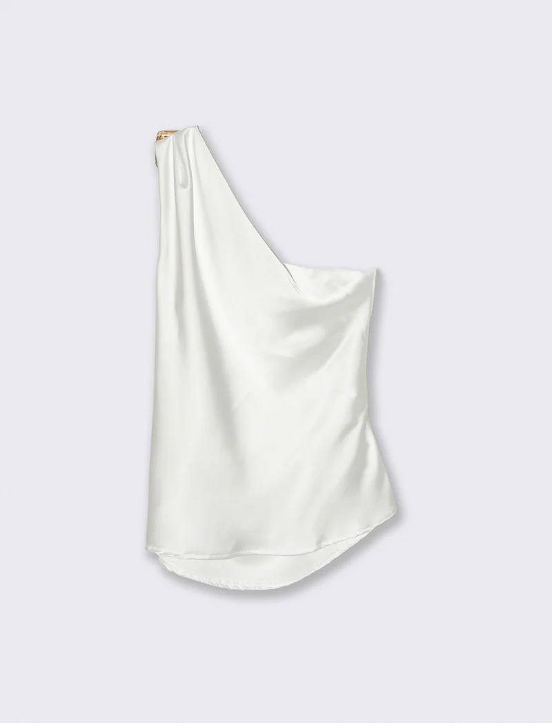 Top raso monospalla con accessorio - Bianco