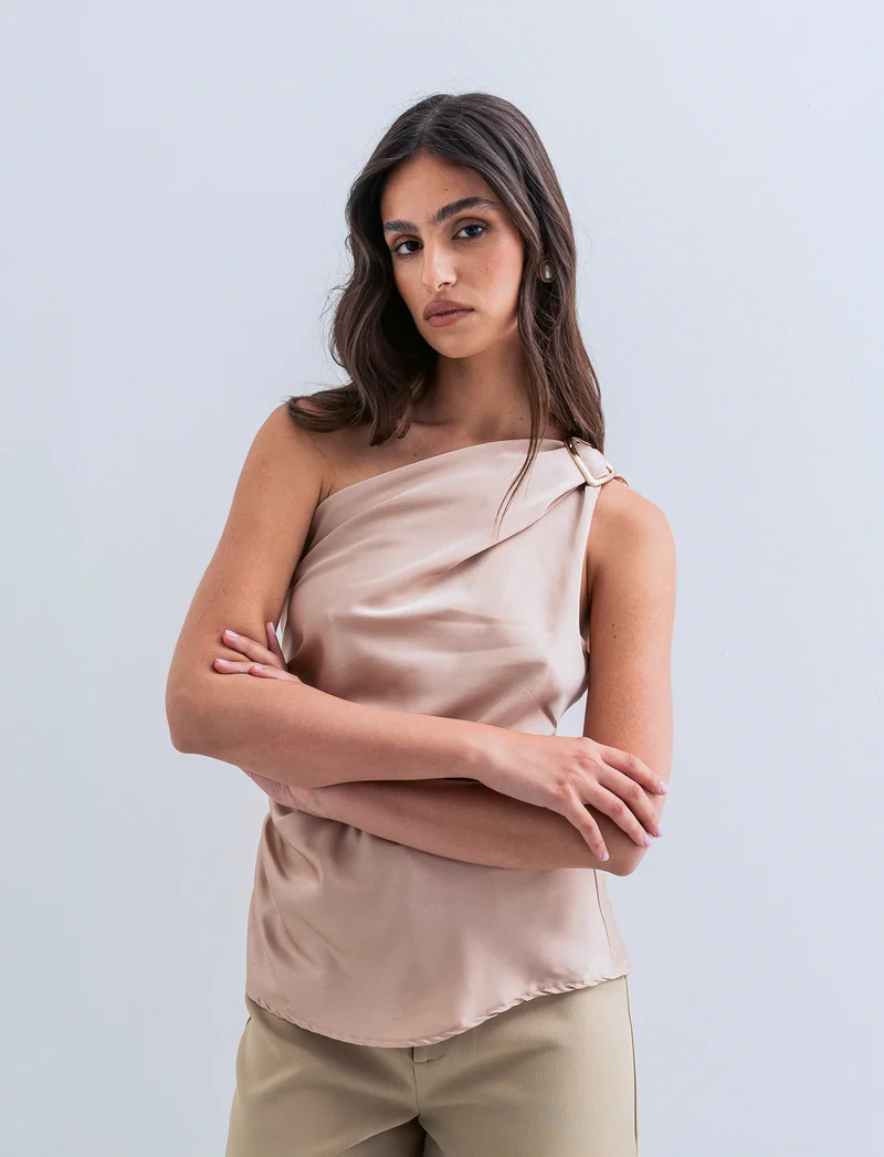 Top raso monospalla con accessorio - Beige champagne