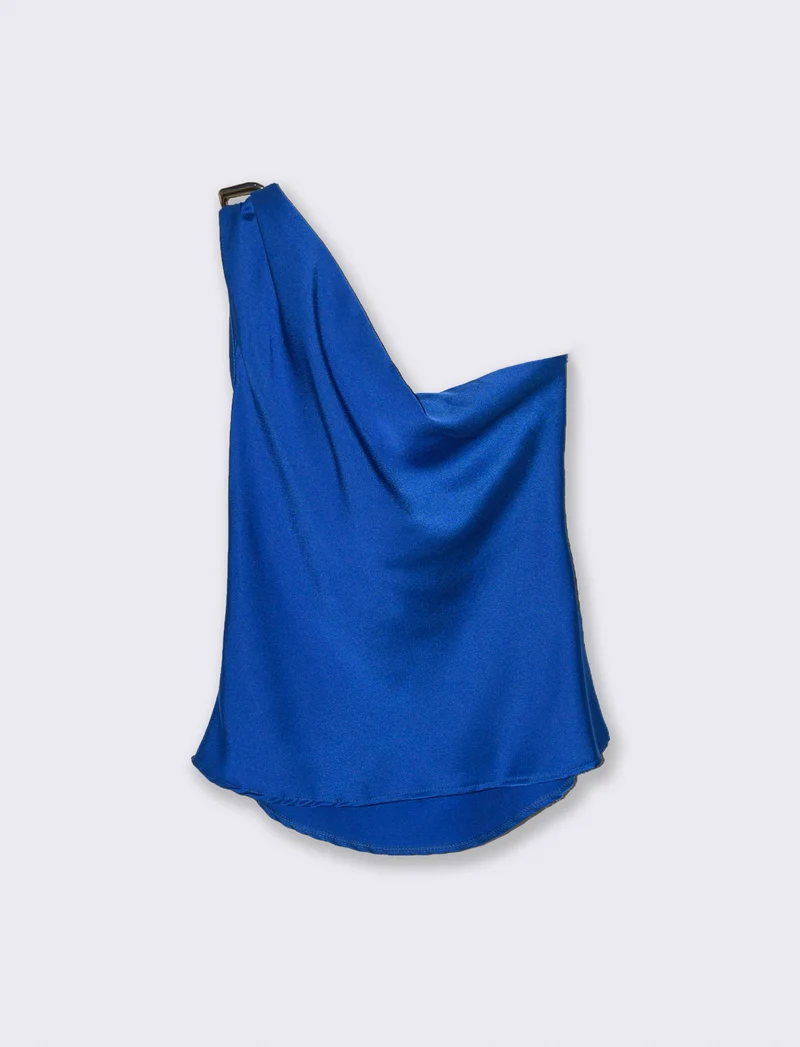 Top raso monospalla con accessorio - Bluette