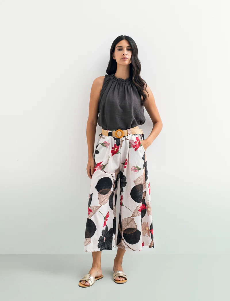 Pantalone in cotone stampato con cintura - var 1