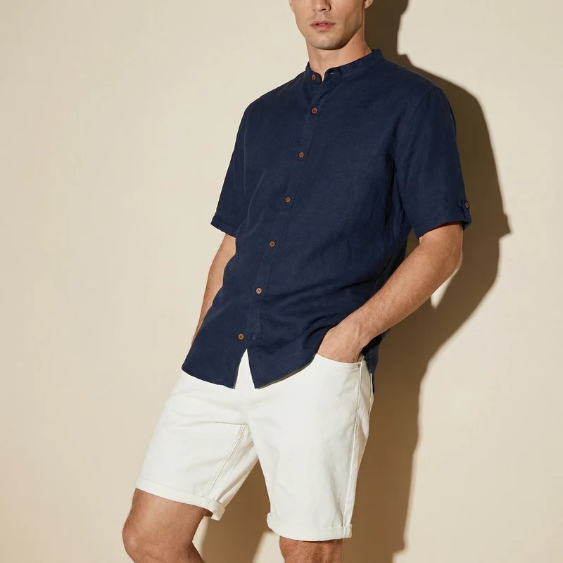 Camicia coreana manica corta in lino - Blu