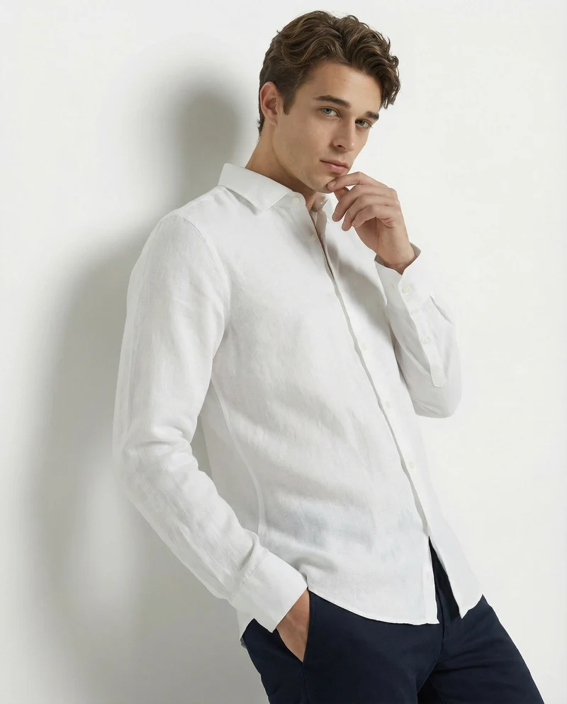 Camicia in lino leggero con collo francese - Bianco