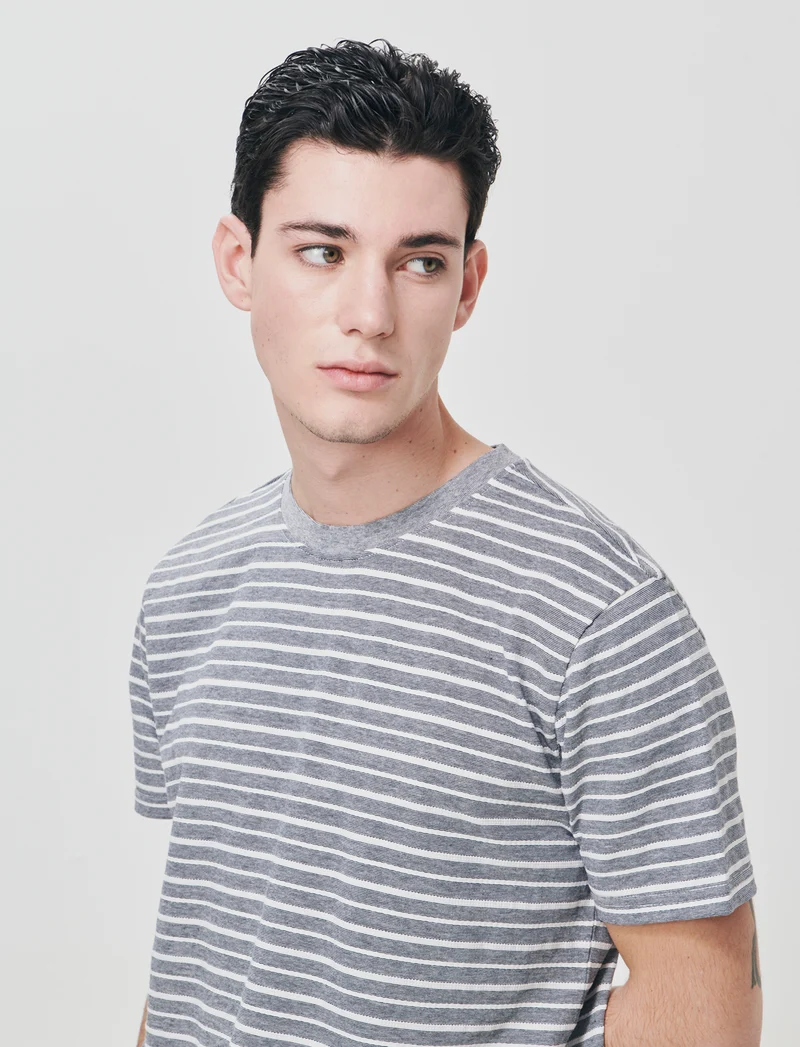 T-shirt girocollo a righe jacquard - Blu