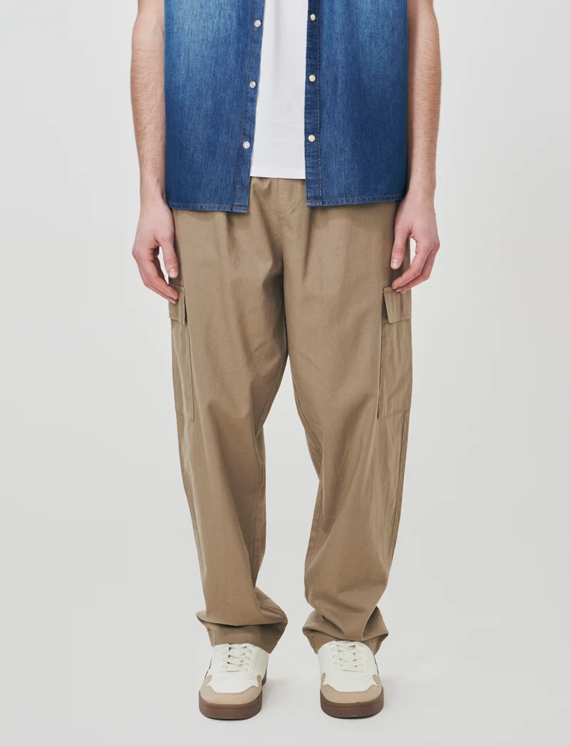 Pantaloni Chino Jogger Cargo Misto Lino - Verde kaki