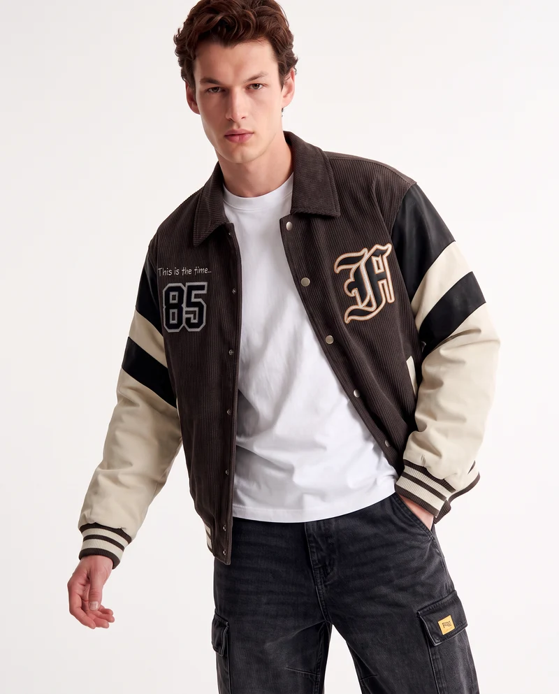 Bomber Varsity in Velluto con Ricami - Moro