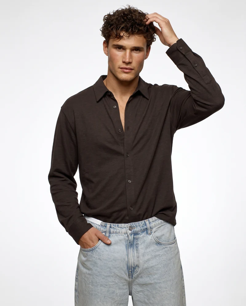 Camicia in cotone effetto maglia - moro/melange