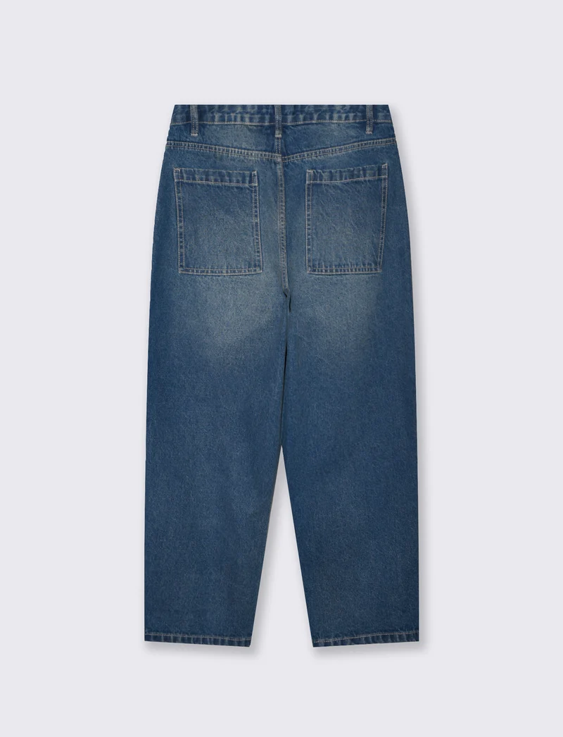 Jeans Tapered Wide Leg Effetto Slavato - Denim
