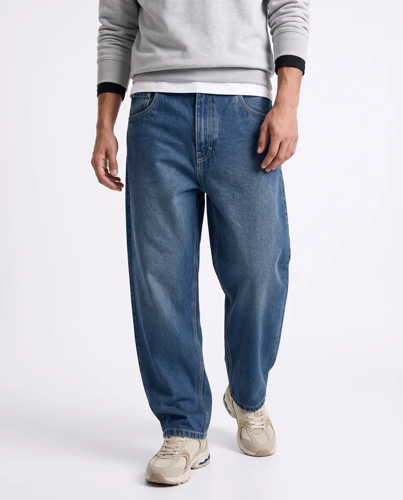 Jeans Tapered Wide Leg Effetto Slavato - Denim