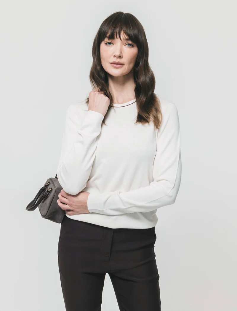 Pullover manica lunga con collo costina - Avorio
