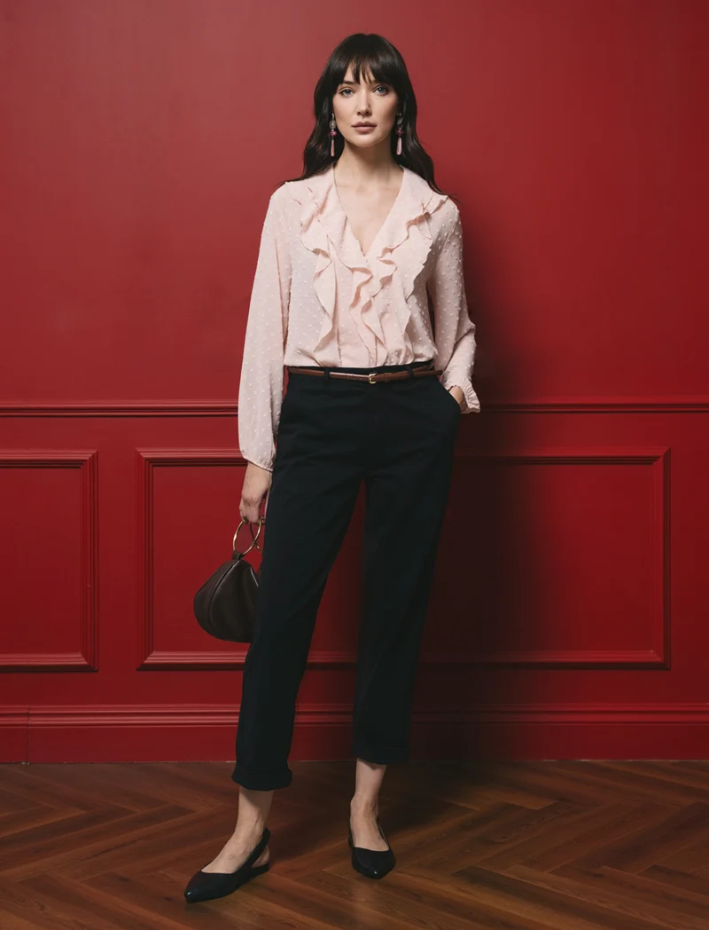 Camicia con scollo a V e rouches - Rosa chiaro