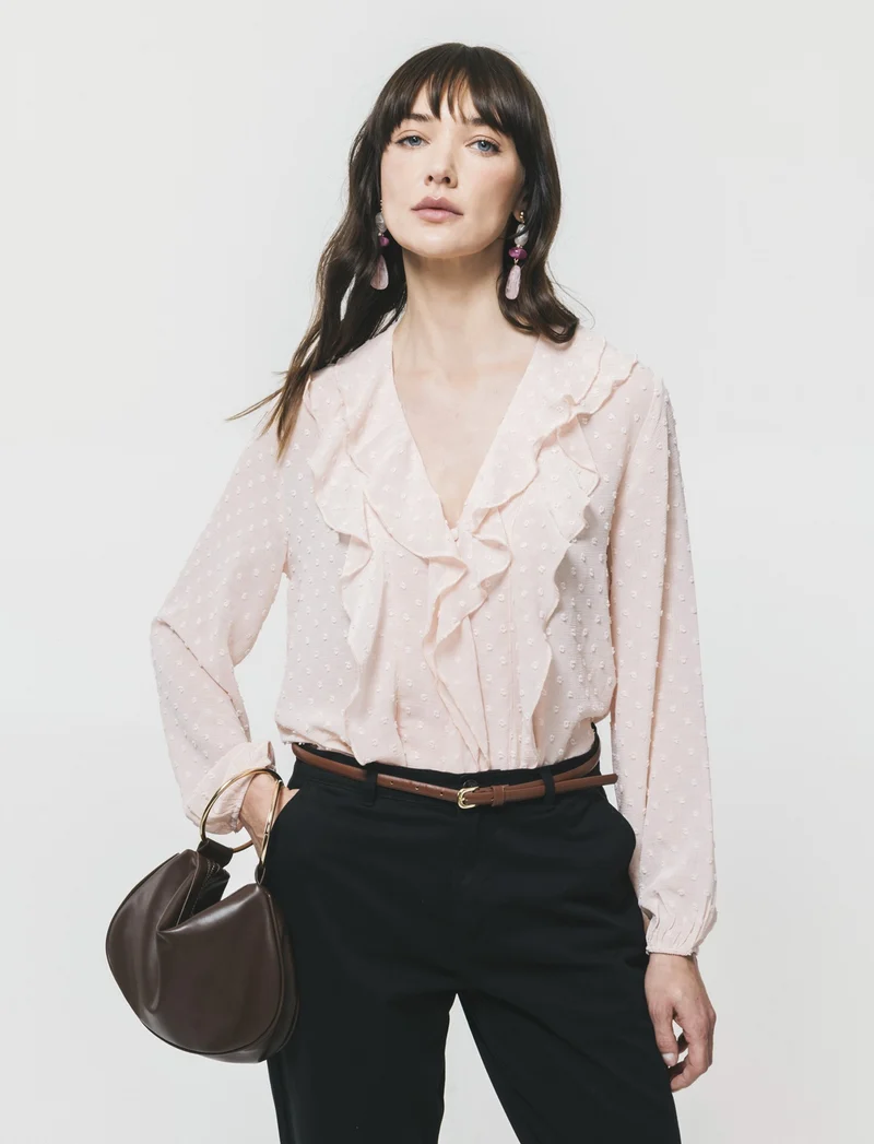 Camicia con scollo a V e rouches - Rosa chiaro