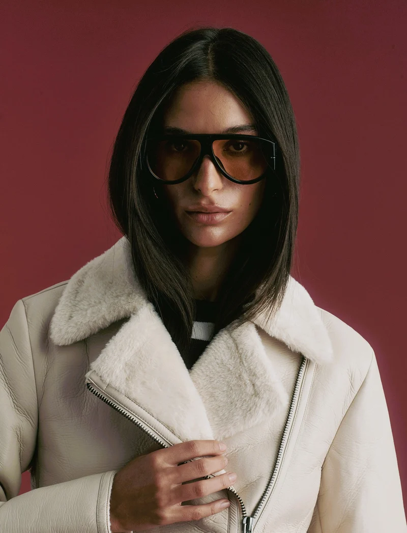 GIUBBOTTO MODELLO CHIODO CON INTERNO IN TESSUTO EFFETTO SHEARLING - Bianco gesso