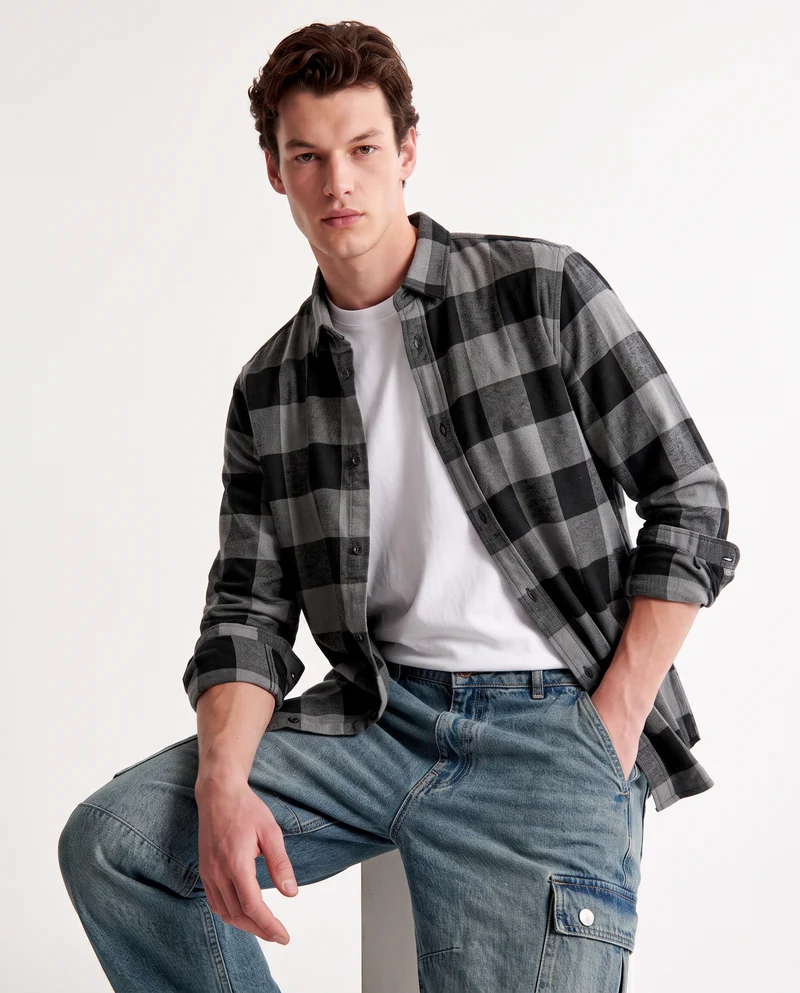 Camicia a quadri in flanella regular fit - Grigio mel.