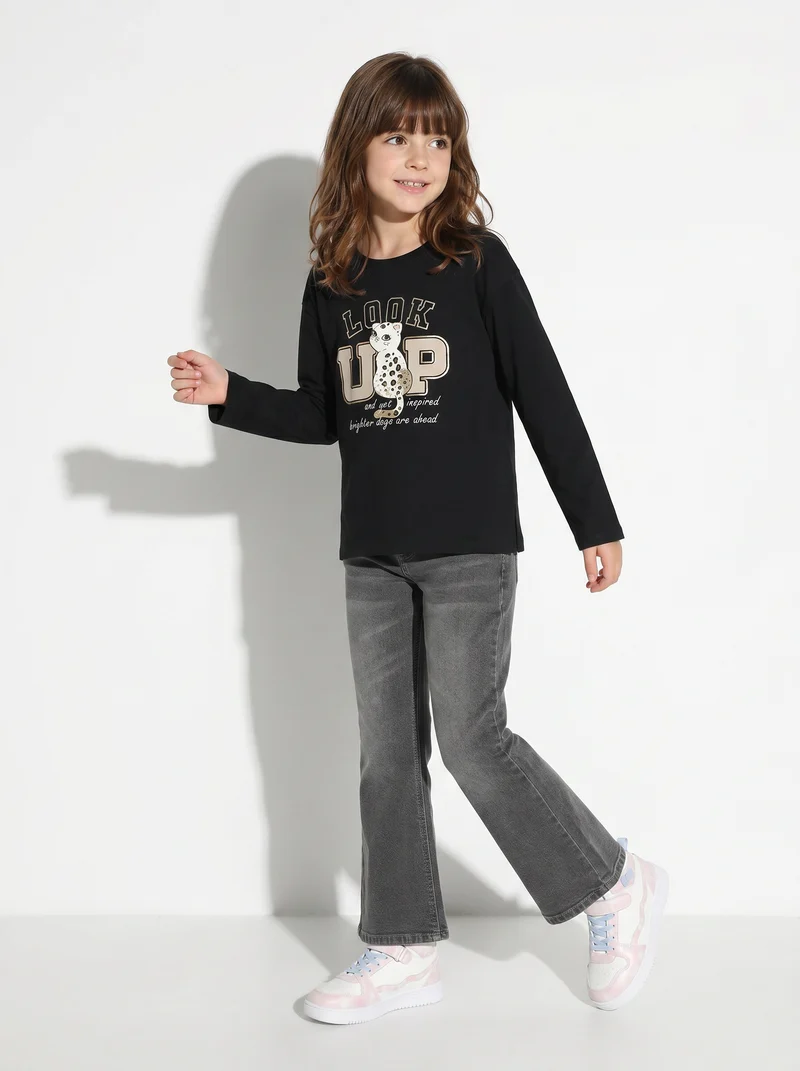 T-shirt lunga girocollo con stampa brillante - Nero