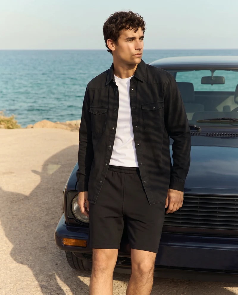 Camicia in denim slim con effetto slavato - Nero