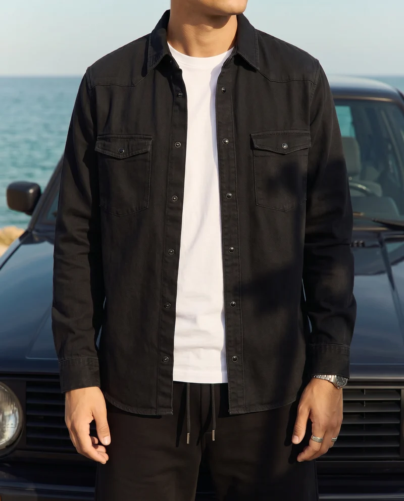 Camicia in denim slim con effetto slavato - Nero