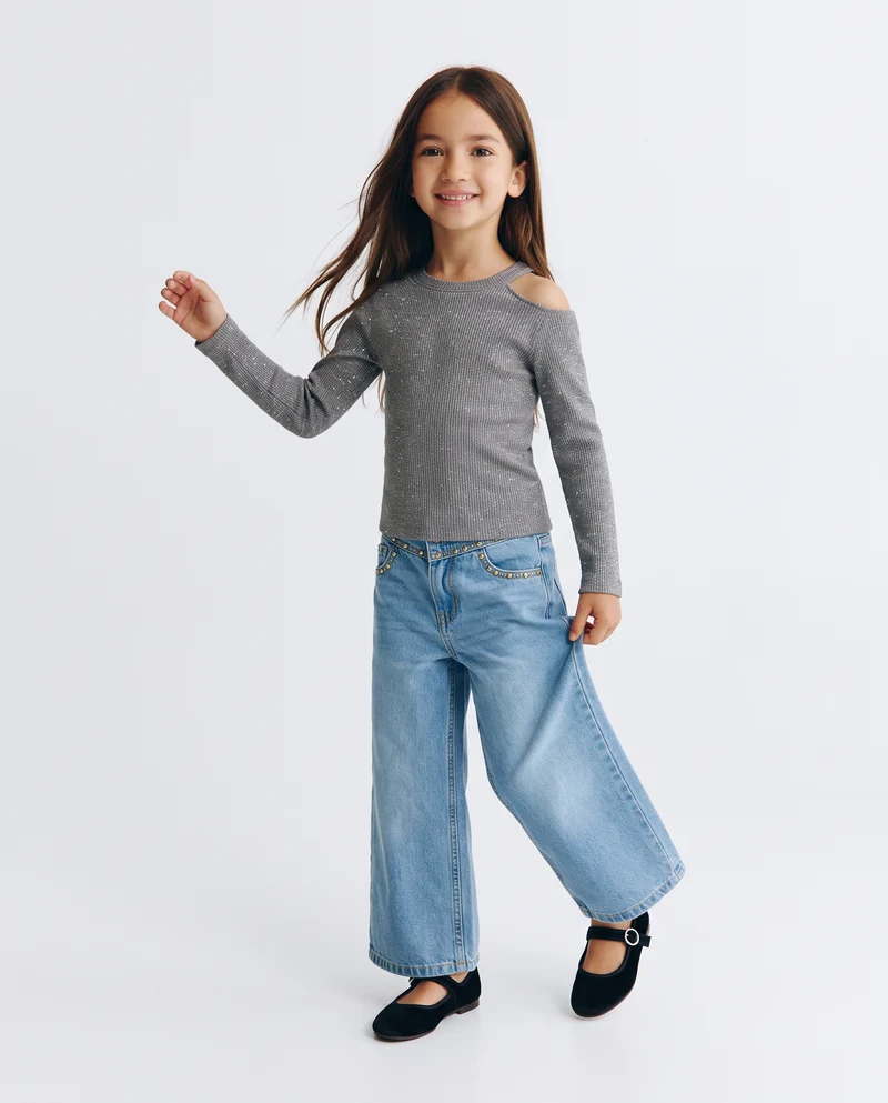 T-shirt manica lunga in costina - Grigio