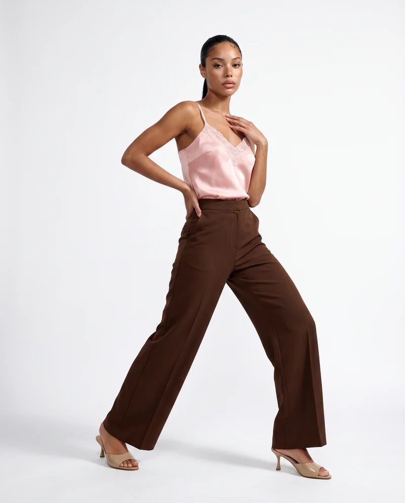 Pantalone wide leg a vita alta con tasche - Marrone cioccolato