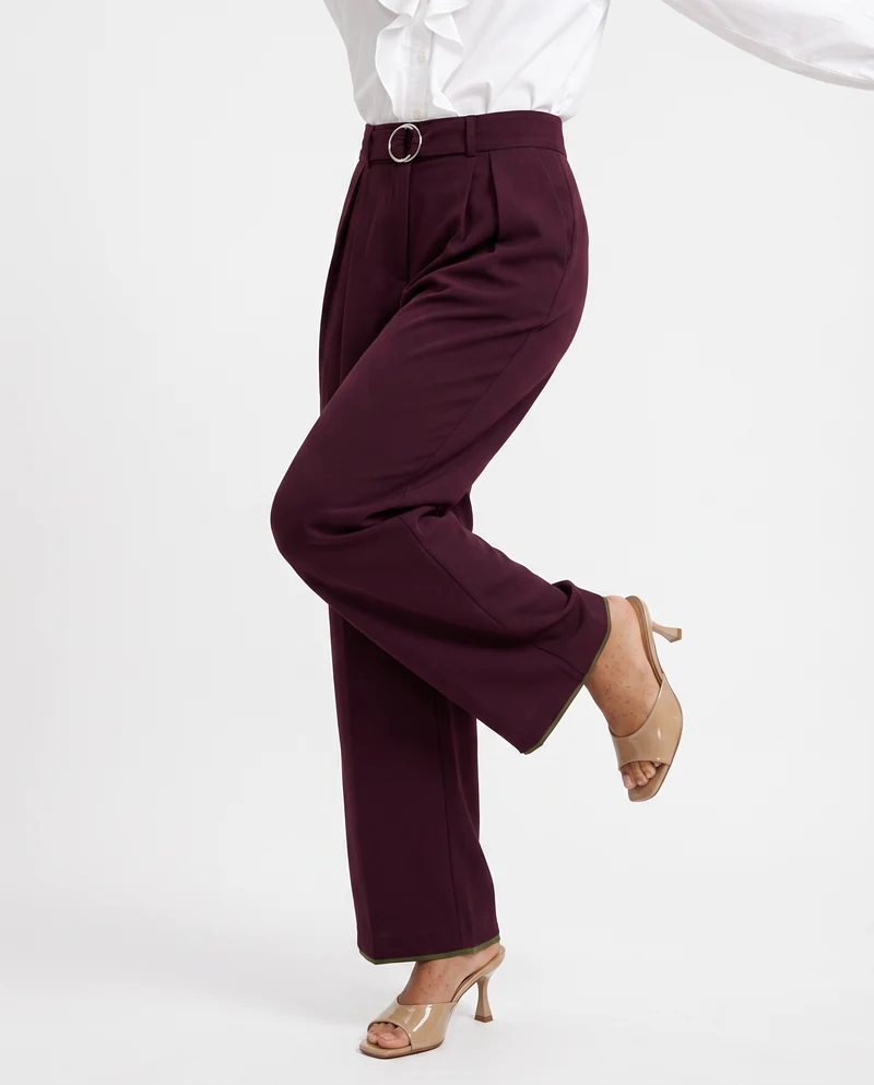 Pantalone wide leg con cintura e pieghe - Bordeaux