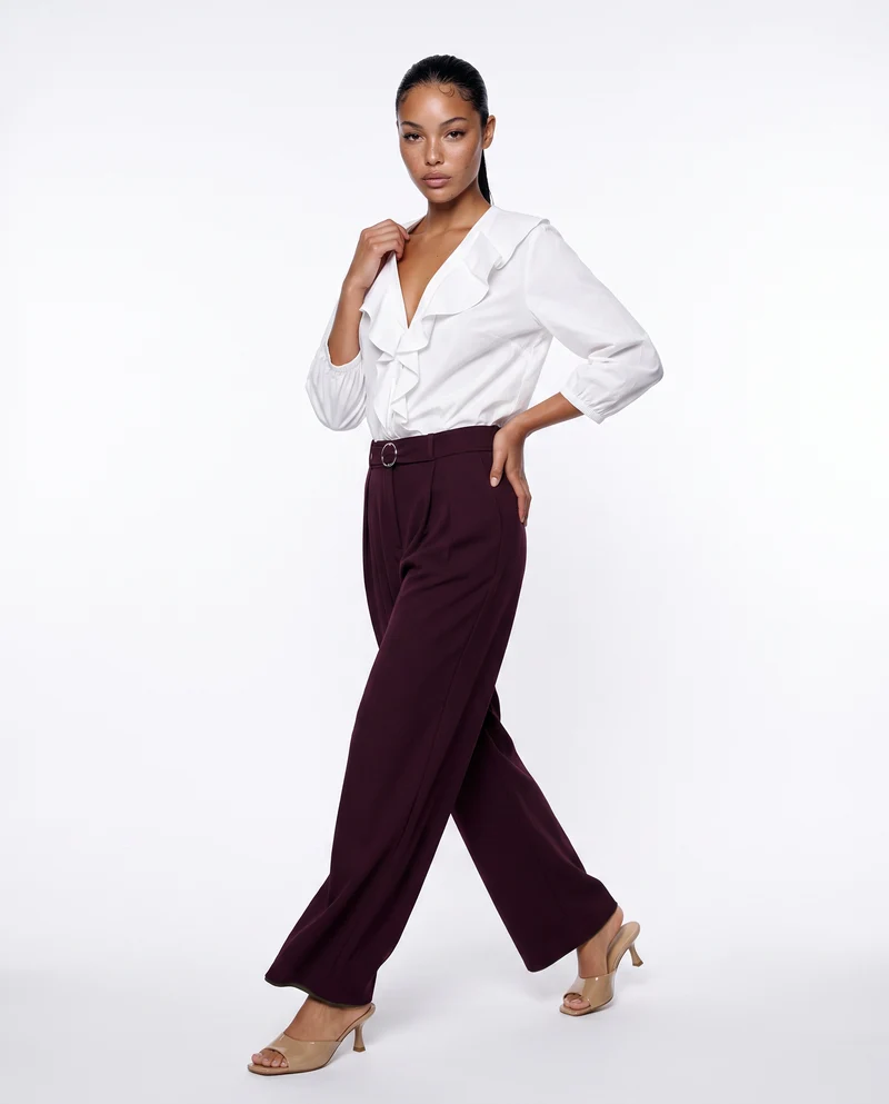 Pantalone wide leg con cintura e pieghe - Bordeaux
