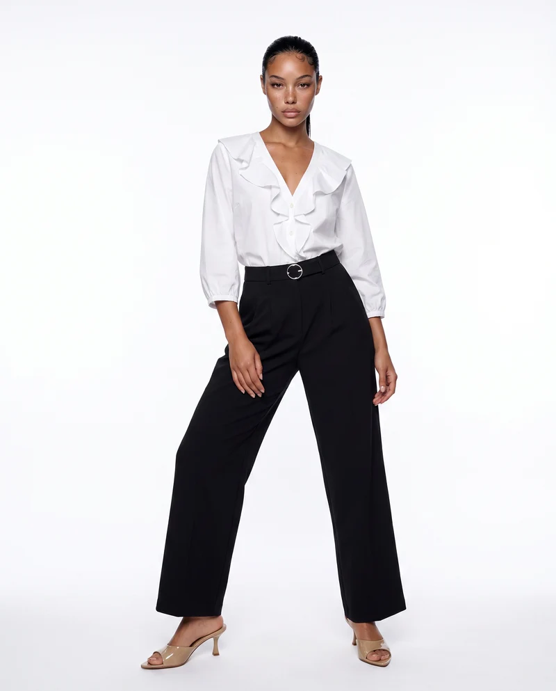 Pantalone wide leg con cintura e pieghe - Nero