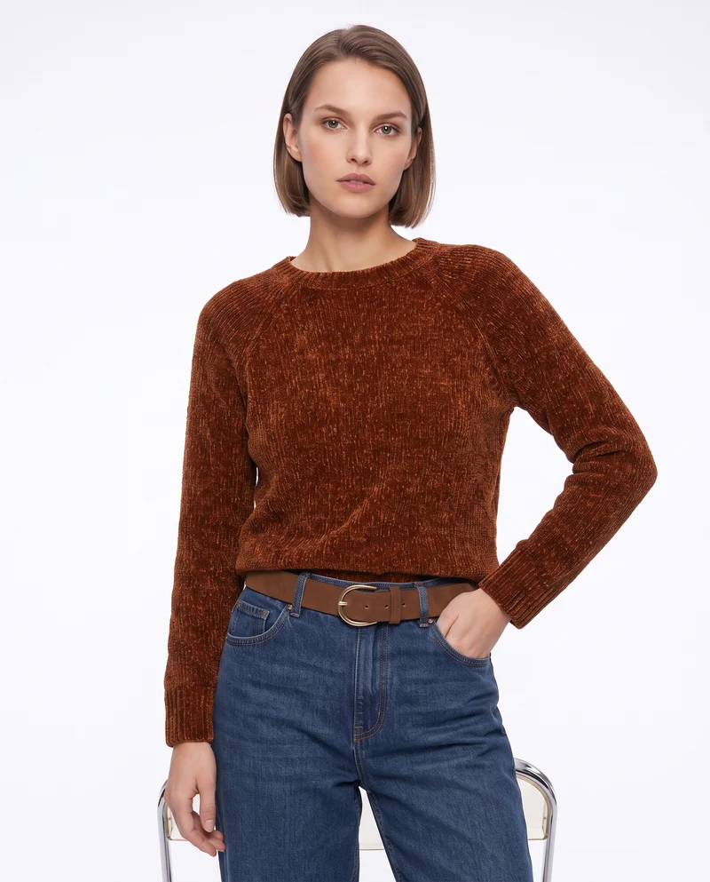 Pullover girocollo in ciniglia basic - Marrone bruciato