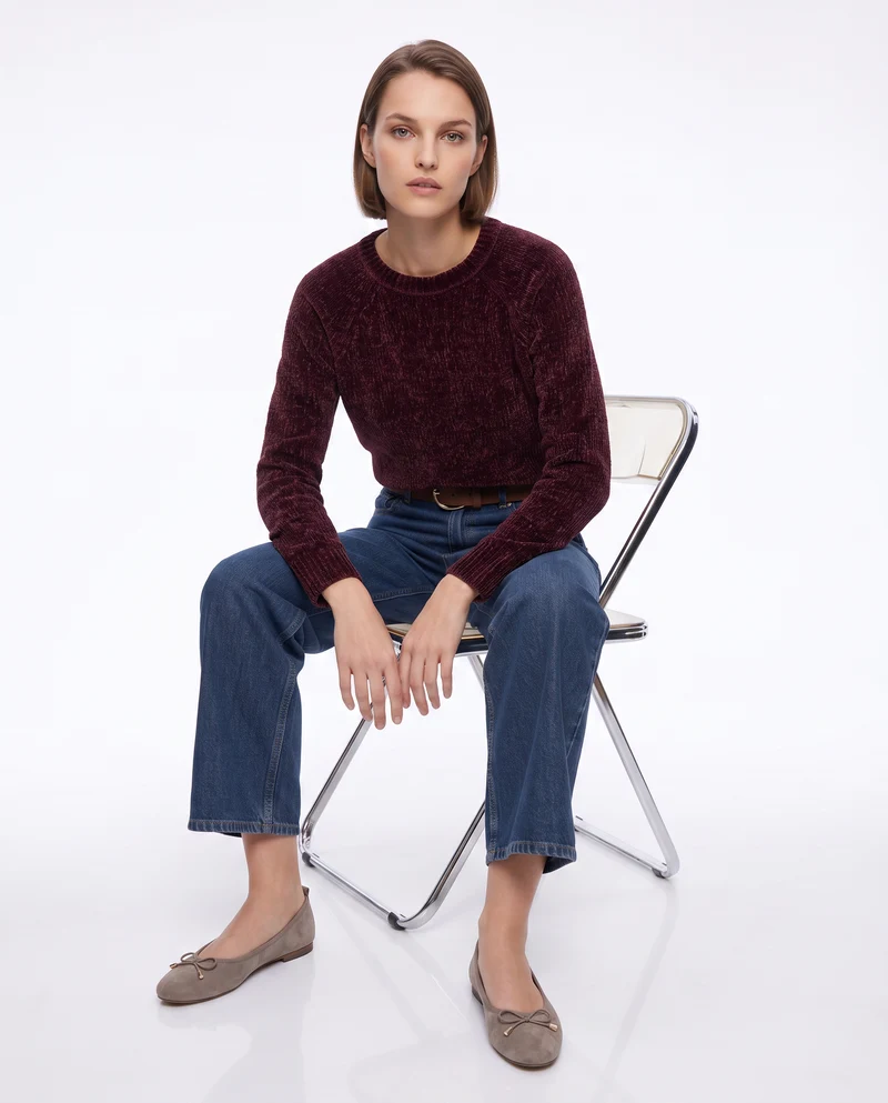 Pullover girocollo in ciniglia basic - Rosso rubino