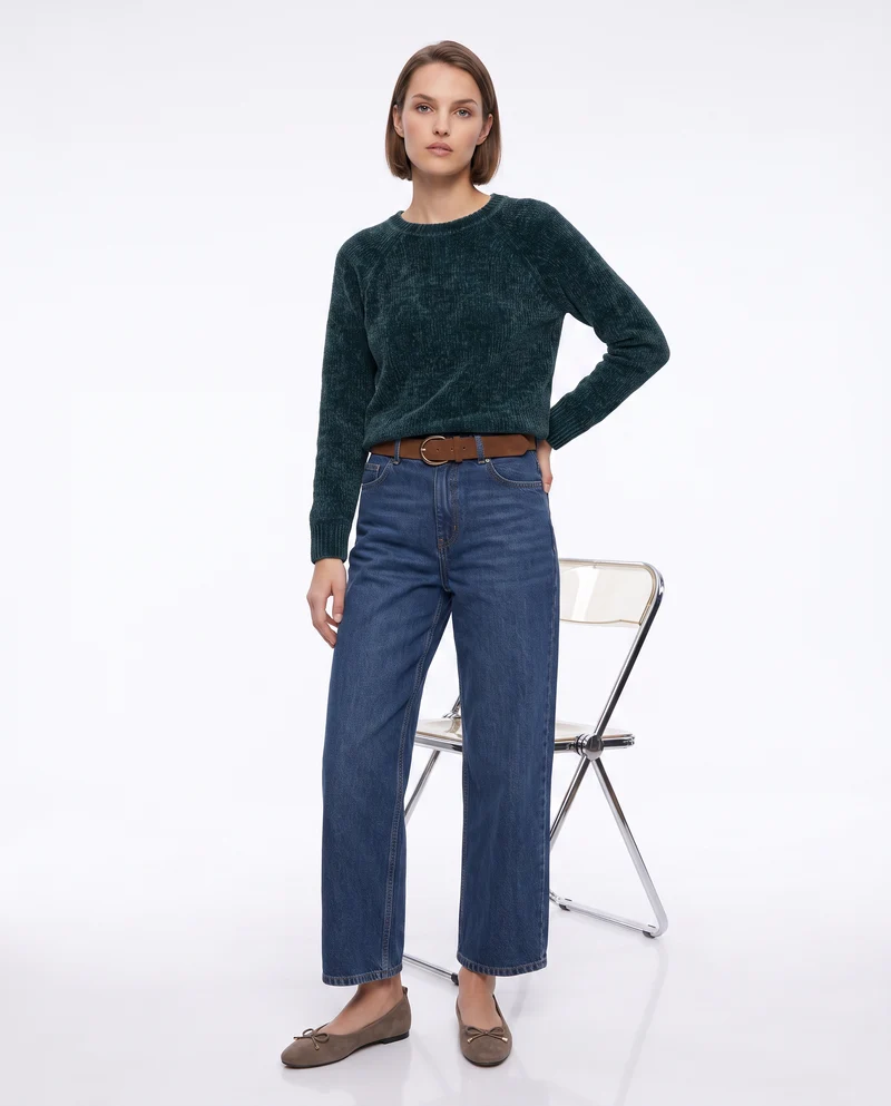 Pullover girocollo in ciniglia basic - Verde petrolio