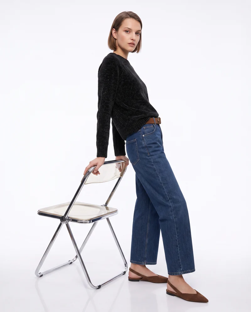 Pullover girocollo in ciniglia basic - Nero