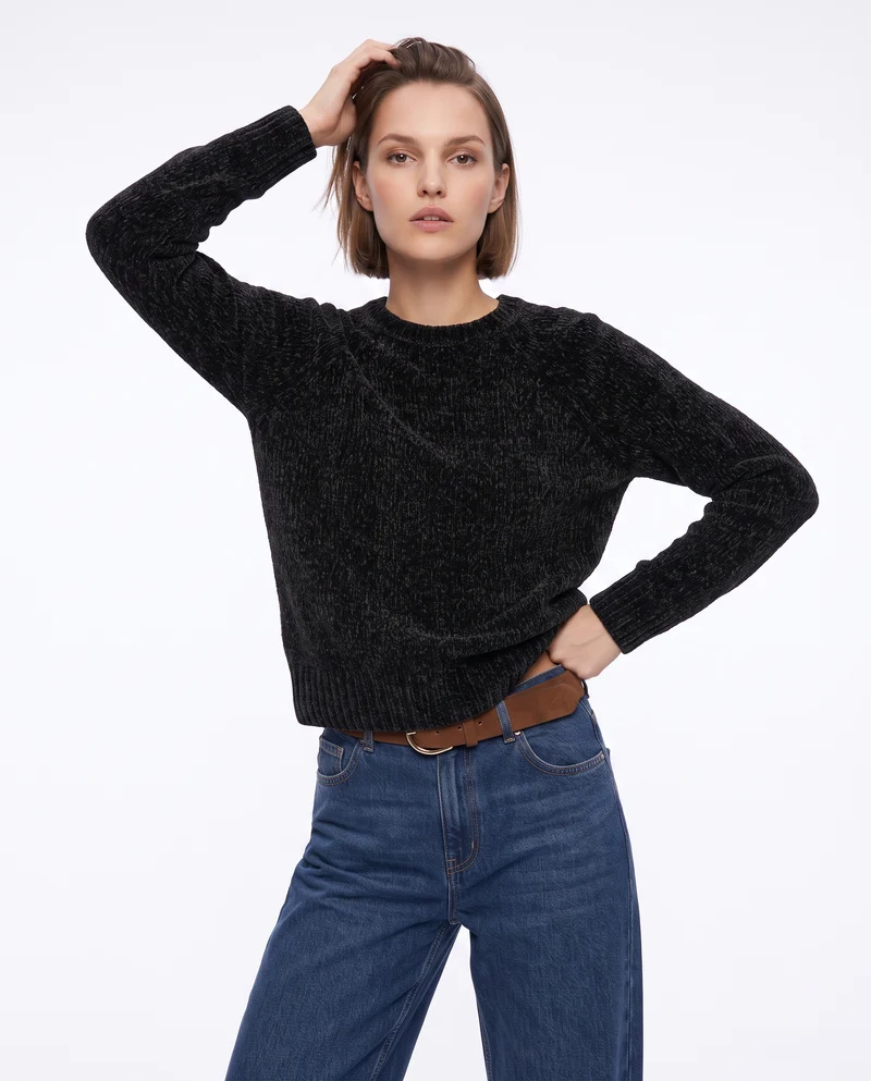 Pullover girocollo in ciniglia basic - Nero
