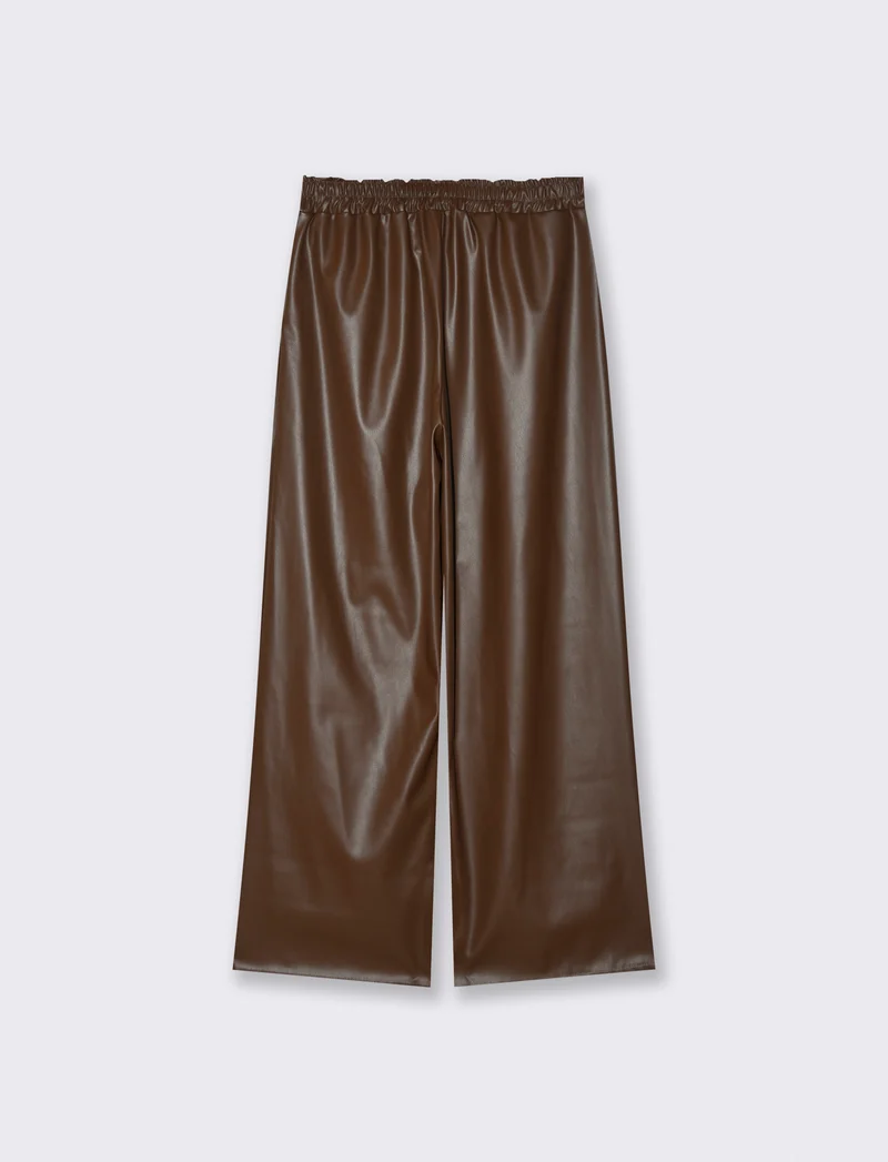 Pantalone palazzo con elastico in vita in ecopelle - Moro