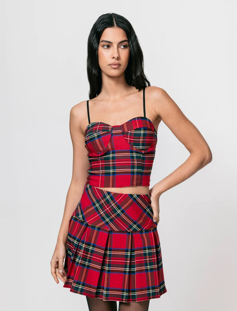 Top con coppe in tessuto quadro scozzese - Rosso