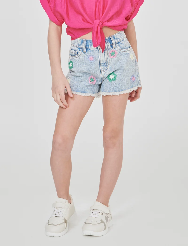 Short in denim con fiori in crochet - Denim