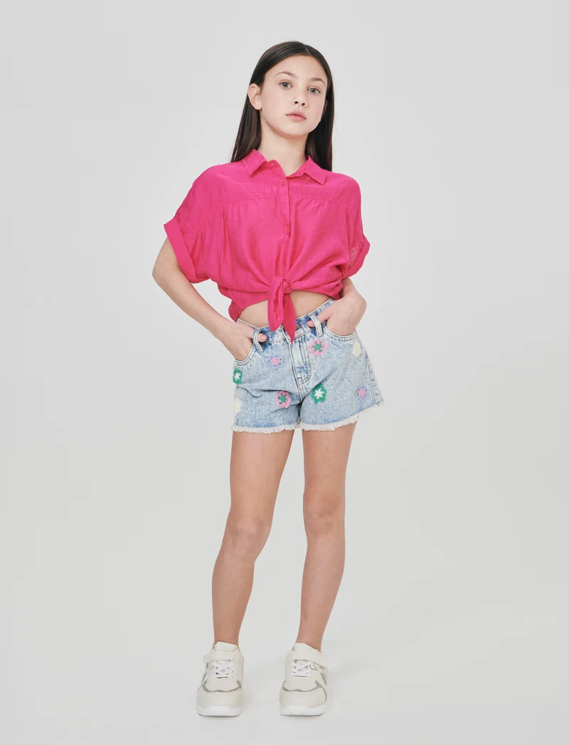 Short in denim con fiori in crochet - Denim
