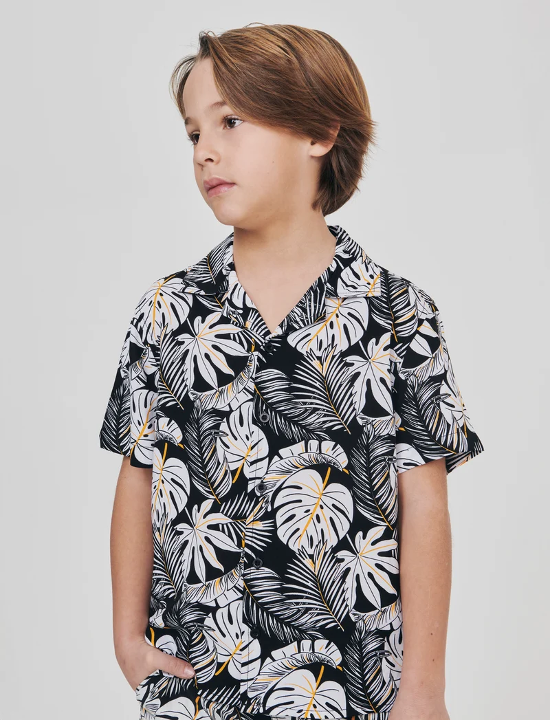 Camicia in cotone mezza manica fantasia - Nero